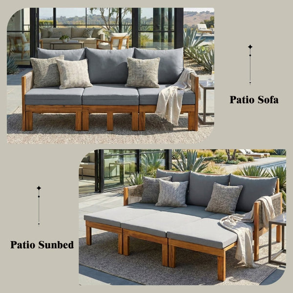 English Elm Outdoor Acacia Wood Dining Set Seats Six with Cushioned Armrest Chairs for Patio Grey,Natural Wood N719Z000220E