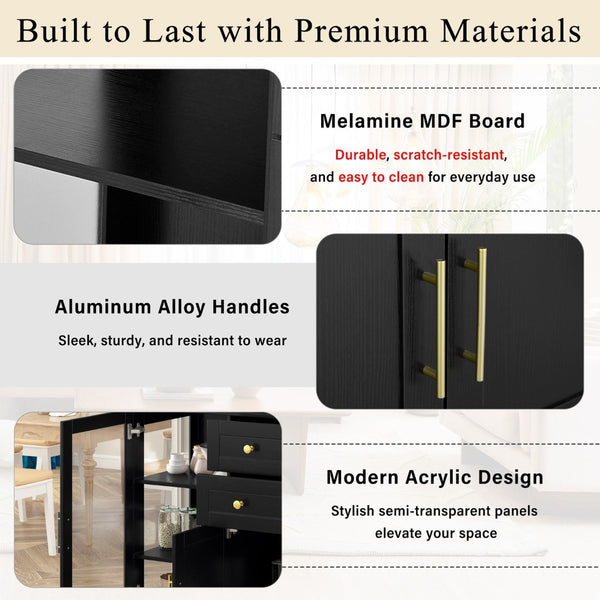 English Elm U-style Modern Buffet Sideboard with Acrylic Doors Power Outlet and Adjustable Storage Black N711P437648B