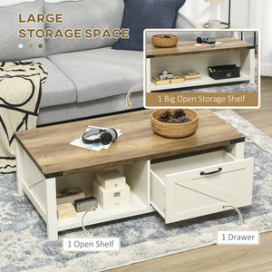 English Elm HOMCOM Rustic Farmhouse Coffee Table with Drawer & Open Shelf, Sturdy 132lb Capacity, White/Walnut W2225P200900