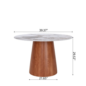 English Elm Small Round Solid Wood Pedestal Dining Table with Sintered Stone Top, Durable Family-Friendly Design T3833S00037 T3833S00037