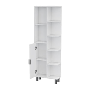 English Elm FM FURNITURE Quimby Linen Cabinet White – 1 Door, 9 Shelves, Durable Particleboard, Easy Assembly, Timeless Bath Storage B128P321052