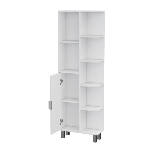 English Elm FM FURNITURE Quimby Linen Cabinet White – 1 Door, 9 Shelves, Durable Particleboard, Easy Assembly, Timeless Bath Storage B128P321052