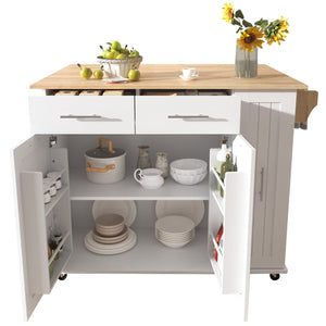 English Elm K&K Kitchen Island with Drop Leaf, Rolling Storage Cart with 3-Tier Pull-Out Organizer, Durable Wood Countertop White WF531421AAW