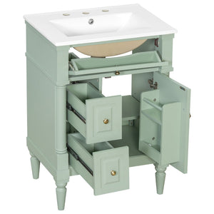 English Elm 24 Inch Freestanding Vanity with Ceramic Sink Rubberwood Frame Matte Finish Storage Green N725P356058F