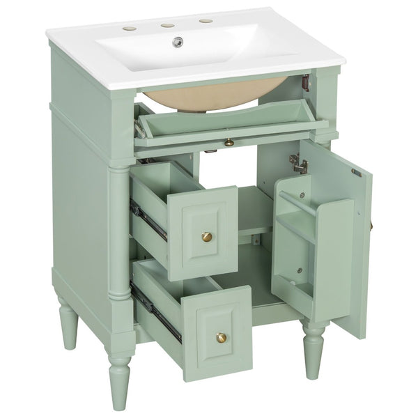 English Elm 24 Inch Freestanding Vanity with Ceramic Sink Rubberwood Frame Matte Finish Storage Green N725P356058F