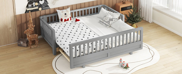 English Elm Twin Size Platform Bed With Guardrails - Stylish, Solid Wood Frame Converts To Double Twin, Grey W1580S00240-GIGA