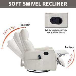 English Elm Beige Fabric Swivel Rocker Recliner with Massage Nodes and Lumbar Heat for Living Room Beige W1803P363421