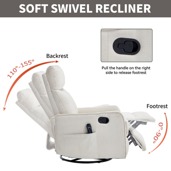 English Elm Beige Fabric Swivel Rocker Recliner with Massage Nodes and Lumbar Heat for Living Room Beige W1803P363421