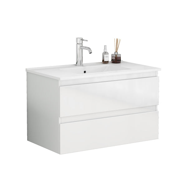 English Elm 31.5-inch Modern Bathroom Vanity with Integrated Ceramic Basin, Soft-Close Drawers, Black Accents Glossy White 35.04 L x 21.06 W x 6.89 H W3151S00064