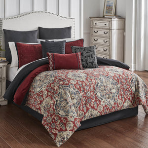 English Elm Sadler King 10pc Comforter Set in Red Faux Linen Medallion Print — Burgundy & Blue Jewel Tones, Embroidered Pillows, Bedskirt B340P341979