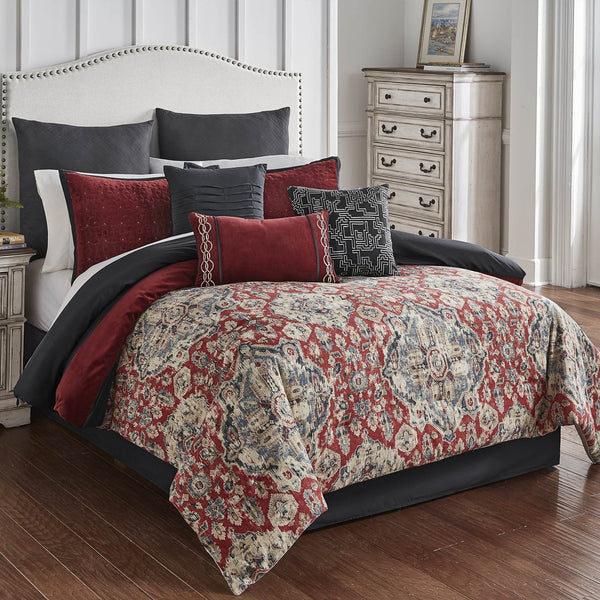 English Elm Sadler Queen 9-Piece Comforter Set in Deep Burgundy & Blue Jewel Tones with Embroidered Pillows, Faux Linen Medallion Pattern, Polyester B340P341980