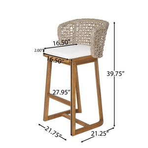 English Elm Outdoor Acacia Wood Barstools Set of 4 Wicker Back Teak Finish Patio Seating N773OB00134B