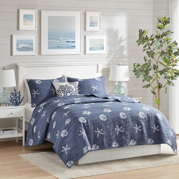 JLA Home Harbor House Blue - 4 Cotton Reversible Embroidered Quilt Set with Coastal Starfish & Seashell Motifs, OEKO-TEX Certified Navy HH13-1835
