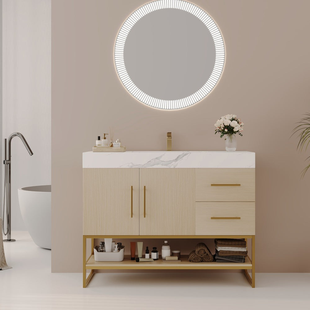 English Elm 36" Freestanding Bathroom Vanity Sintered Stone Top Gold Hardware Wood Cabinet W3136S00055