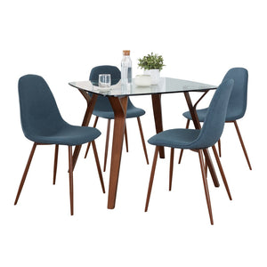 English Elm Dining Set with Tempered Glass Top Walnut Metal Legs and Blue Upholstered Seating B202S01426