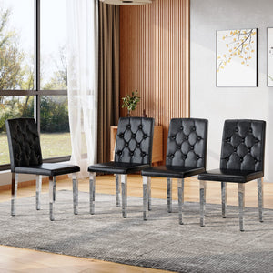 English Elm 4-pack black PU dining chairs with ergonomic buckle backrest, high-density sponge seats, sleek silver legs — low-key luxury, easy-assemble comfort W1512P410684