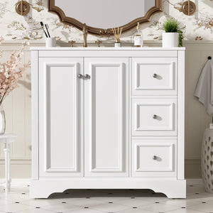 English Elm 36'' Transitional Bathroom Vanity with Ceramic Sink, Solid Wood Frame, Adjustable U-Shelf & Soft-Close Doors White N729P292966K