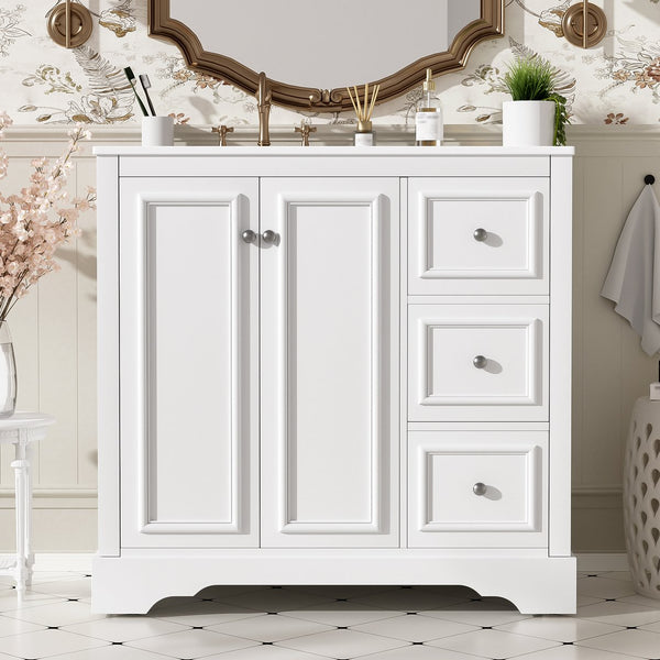 English Elm 36'' Transitional Bathroom Vanity with Ceramic Sink, Solid Wood Frame, Adjustable U-Shelf & Soft-Close Doors White N729P292966K