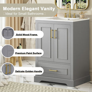 English Elm 24"bathroom Vanity Freestanding Gray Mdf Ceramic Sink Soft Close Storage Cabinet N729P321378E