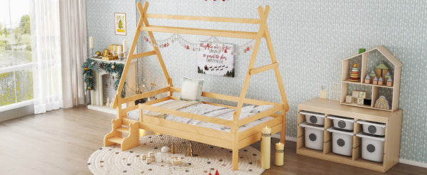 English Elm Twin House Shaped Platform Bed Solid Pine Frame with Built in Stairs for Kids W1580P354719