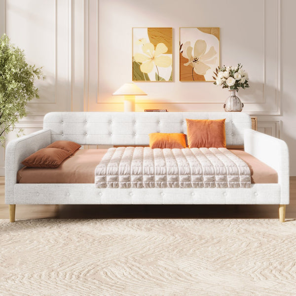 English Elm Queen Upholstered Daybed with Tufted High Sideboard, Linen Finish, Solid Wood Frame, 800lb Capacity Beige N7500001850K