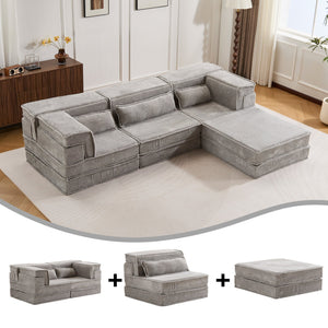 English Elm Compression Modular Sofa Bed, Versatile Light Grey Fleece Couch, No Assembly, 3-Seater & Ottoman W3723S00024
