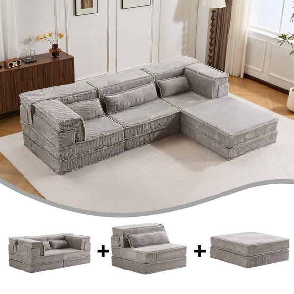 English Elm Compression Modular Sofa Bed, Versatile Light Grey Fleece Couch, No Assembly, 3-Seater & Ottoman W3723S00024
