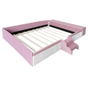 English Elm Queen Velvet Daybed with Built-in Stairs Gas Lift Storage and Padded Safety Rails Pink+White SF000203AAH