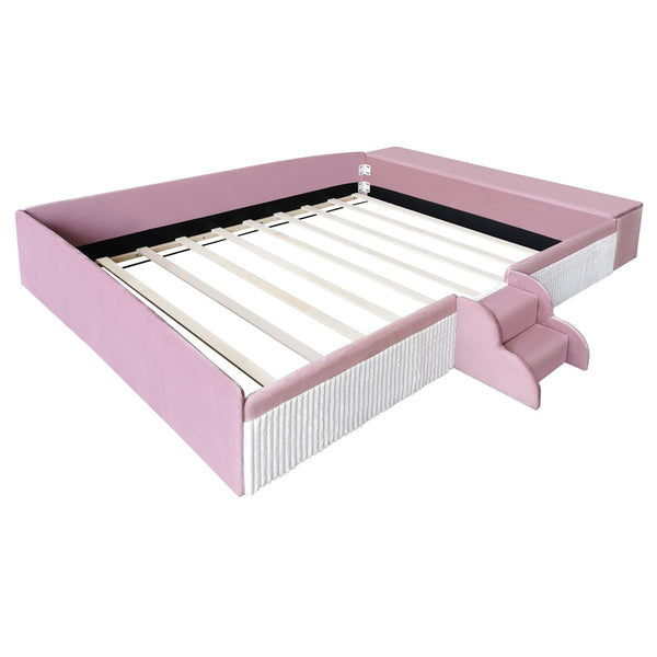 English Elm Queen Velvet Daybed with Built-in Stairs Gas Lift Storage and Padded Safety Rails Pink+White SF000203AAH