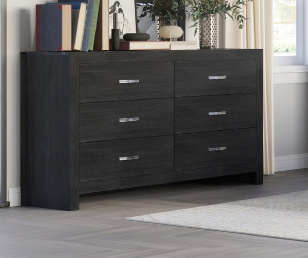 English Elm 1pc Contemporary Five-Drawer Chest with Wood Grain Finish, Slim Profile Storage Solution for Bedroom Black 61.02 L x 18.7 W x 37.01 H B011P368139