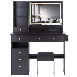 English Elm 41" Large Vanity Table Set With Cushioned Stool, Led Mirror, Power Station, And Stylish Design Features W936P230829