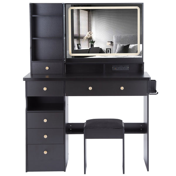 English Elm 41" Large Vanity Table Set With Cushioned Stool, Led Mirror, Power Station, And Stylish Design Features W936P230829