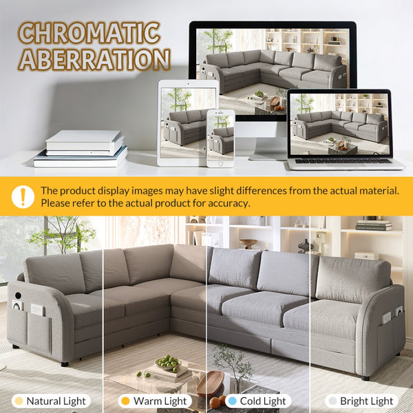 English Elm 115.2" Oversized Teddy Fabric Sectional Sleeper Sofa with Usb Ports and Modular Chaise Light Grey W1885S00317