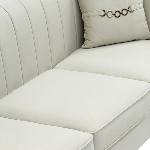 English Elm Fx-P82-Be3 - Luxurious Beige Velvet Chesterfield 3-Seater Sofa With 2 Pillows For Modern Living Spaces W576S00220