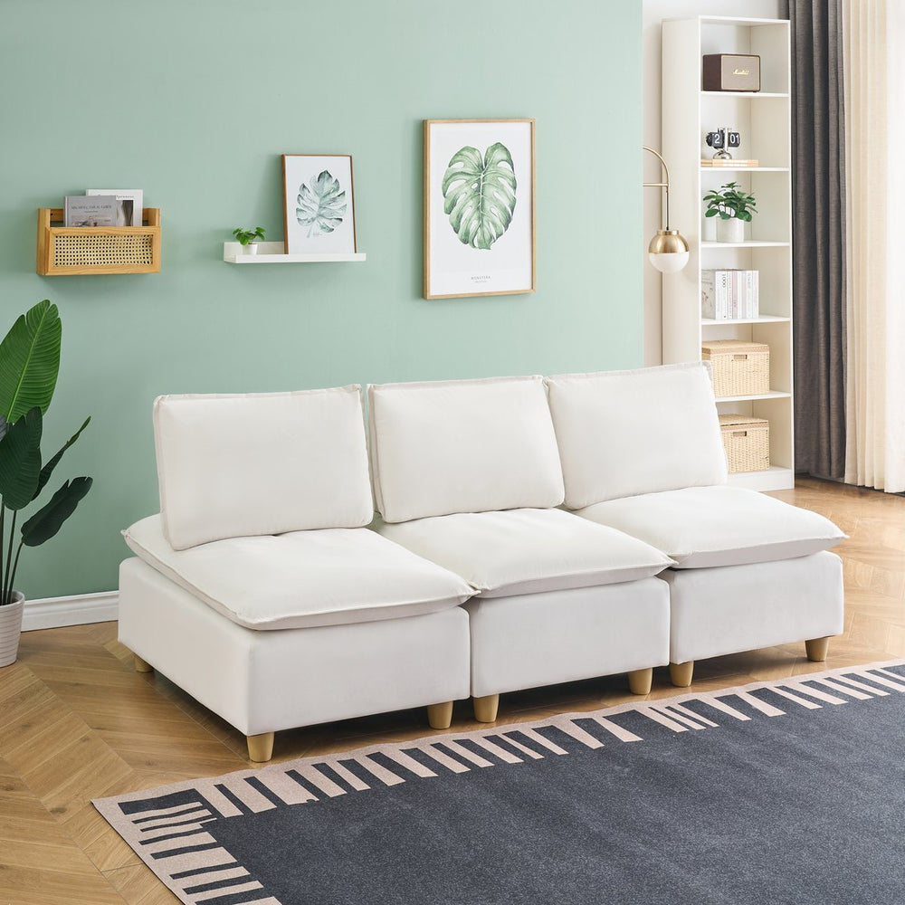 English Elm 88-inch minimalist modern three-seater velvet sofa with movable seats, solid wood frame, 500lb capacity Beige W1658S00122