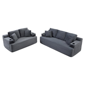 English Elm Boneless Floor Sofa Corduroy Upholstered 5 Seat Low Profile with Cup Holders for Living Room Grey W1117S00436