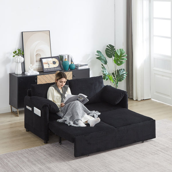 English Elm MH'' MH' 64.5 Inch Sleeper Sofa Bed with Corduroy Upholstery, Sturdy Wood & Iron Frame, 3-in-1 Convertible Comfort Black W1193S00125