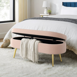 English Elm Ottoman Oval Flannel Storage Bench with Matte Metal Legs for Bedroom or Living Room Pink W487P438632