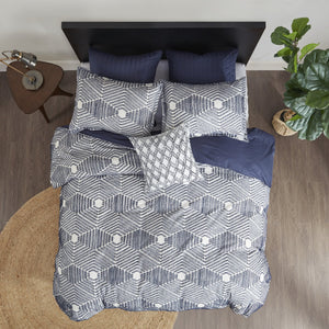English Elm King/Cal Ellipse Cotton Jacquard Duvet Cover Set - Navy Geometric Clipped Jacquard, OEKO-TEX, Reversible B035129132