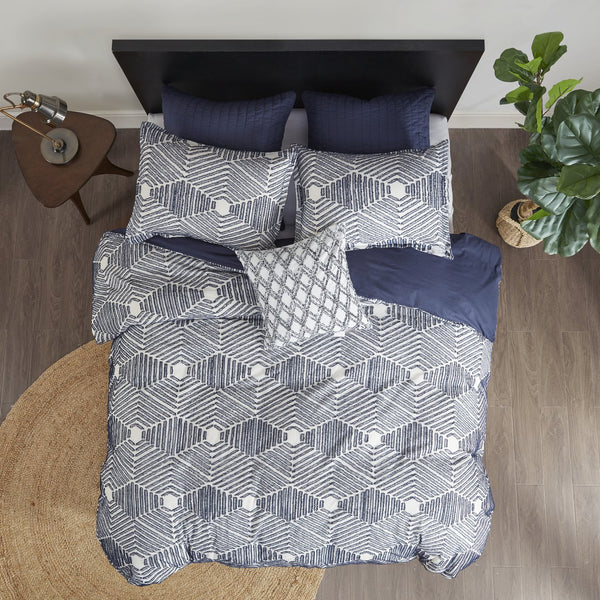 English Elm King/Cal Ellipse Cotton Jacquard Duvet Cover Set - Navy Geometric Clipped Jacquard, OEKO-TEX, Reversible B035129132