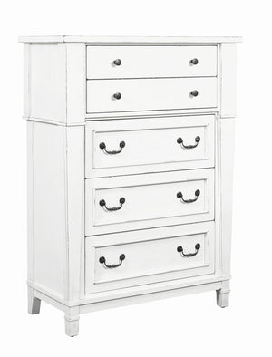 English Elm Wallace & Bay - White Farmhouse 5-Drawer Chest in Weathered White Finish — Spacious, Durable Wood Storage (54"H) B361P384450