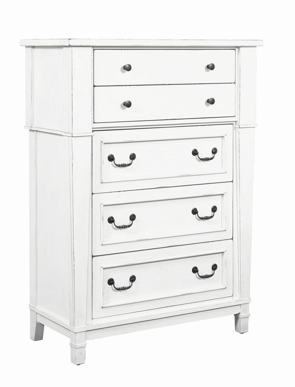 English Elm Wallace & Bay - White Farmhouse 5-Drawer Chest in Weathered White Finish — Spacious, Durable Wood Storage (54"H) B361P384450