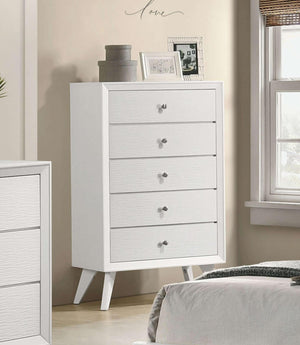 English Elm Contemporary Chic Five-Drawer Chest with Chrome Legs, High-Gloss Coating, Smooth Modern Design White 33 L x 20 W x 44 H B2741P369375