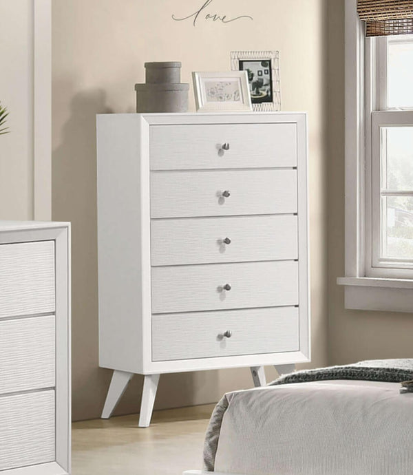 English Elm Contemporary Chic Five-Drawer Chest with Chrome Legs, High-Gloss Coating, Smooth Modern Design White 33 L x 20 W x 44 H B2741P369375