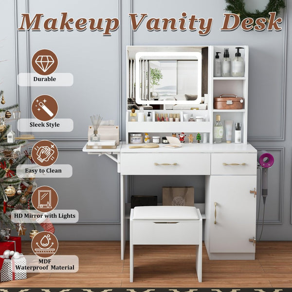 English Elm Vanity Desk with Led Mirror Touch Light Power Outlet Drawers and Storage Stool W2700P342538