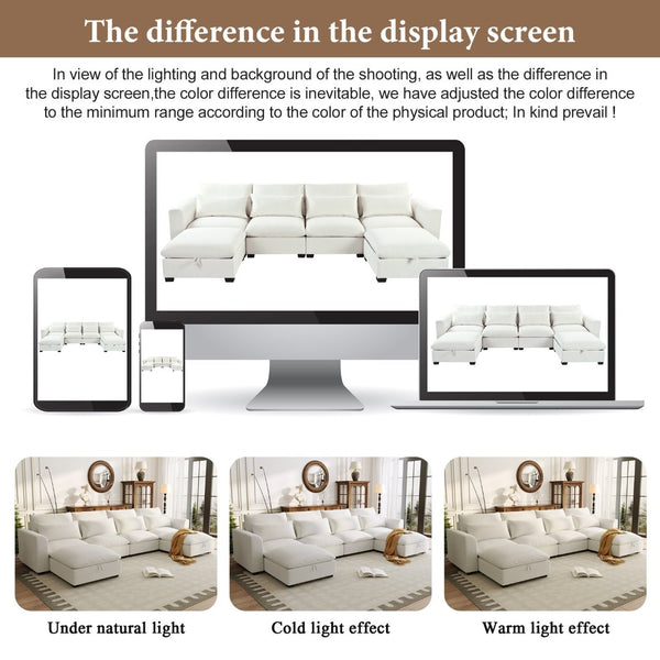 English Elm U_style Modular U-shaped Sectional Sofa Six Seat Linen Fabric with Storage Ottomans Beige WY000491AAA