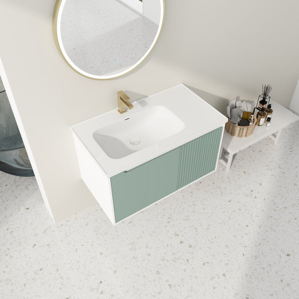 English Elm 36" Wall-Mounted Vanity with Ceramic Sink, Dual-Texture Wave Door, Soft-Close Hinges, Eco Plywood W999S00127