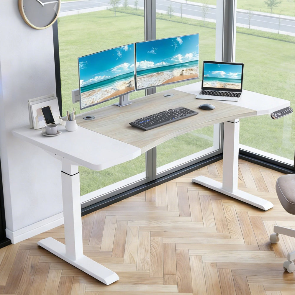 English Elm 63"×30" Curved Dual Motor Standing Desk with Memory Presets for Home Office W614P431995
