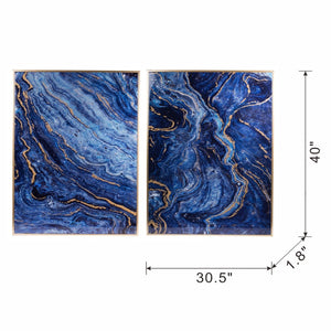 English Elm Set of 2 Gold Framed Blue Marbled Art Panels Diptych for Living Room Walls W2078130282