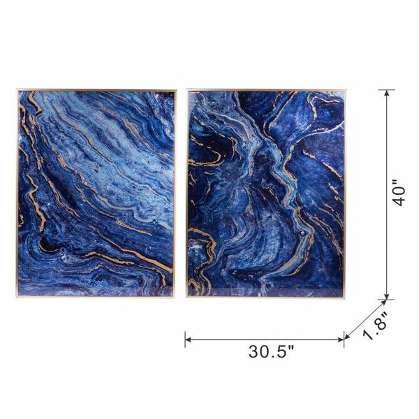 English Elm Set of 2 Gold Framed Blue Marbled Art Panels Diptych for Living Room Walls W2078130282